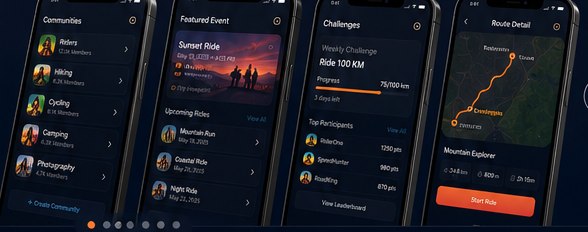 Belondo app screens — communities, events, challenges and route detail